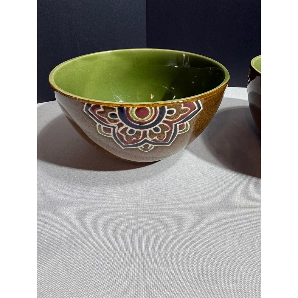 Pier 1 Imports Global Medallion Reactive Stoneware Cereal Bowls Set of 3 Green